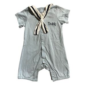 Light blue Baby boys knit sailor romper embroidered “Teddy” 12/18mo